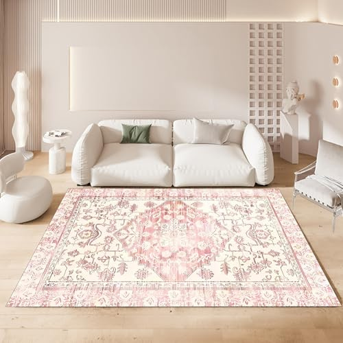 AKOLAFE Rugs Living Room 160x230cm Vintage Washable Area Rug Large Non Slip Boho Pink Rug Ultra Soft Oriental Tribal Farmhouse Carpet Rugs for Bedroom Living Room Dining Room Home Decor