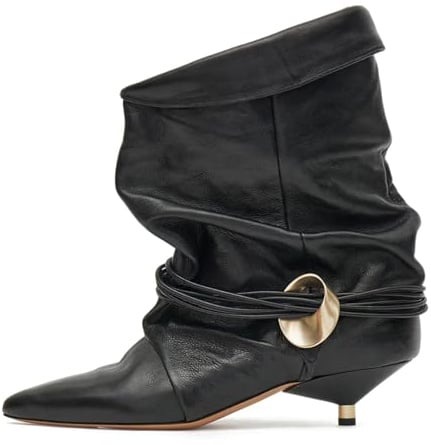 Seborluys Womens Black Slouchy Kitten Heel Ankle Boots Wide Calf Fold Over Slouch Cowboy Boots Pointed Toe Low Kittens Heel Slip On Slouch Boho Causal Dressy Comfortable Short Booties,Size 9