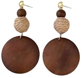 Vintage Brown Wooden Earrings For Women Retro African Bohemian Round Circle Dangle Drop Earrings Long Geometric Lightweight Jewelry (Raffia)