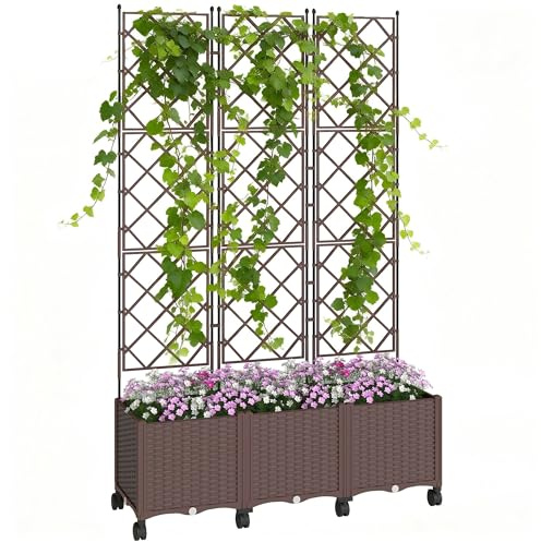 Outsunny Jardinière avec treillis, bac à fleurs sur roulettes, lit surélevé en plastique avec système d'auto-arrosage, trous de drainage, pour plantes grimpantes, légumes, fleurs, 120x40x192cm, marron