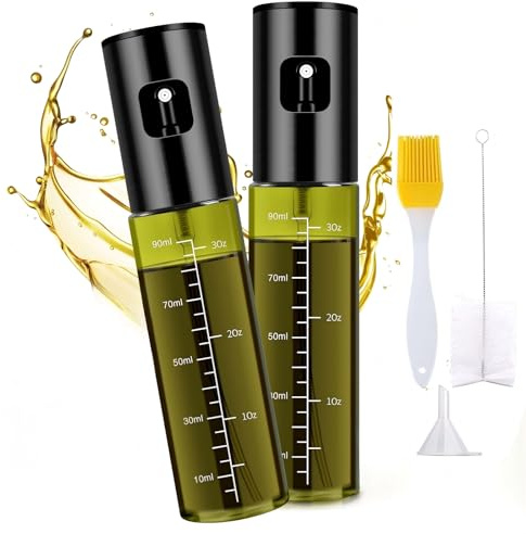 Pulverizador de aceite para aceite de cocina (2 unidades, 100 ml, acero inoxidable y cristal, con escala y embudo, spray de aceite multifuncional para freidora de aire caliente, barbacoa, hornear