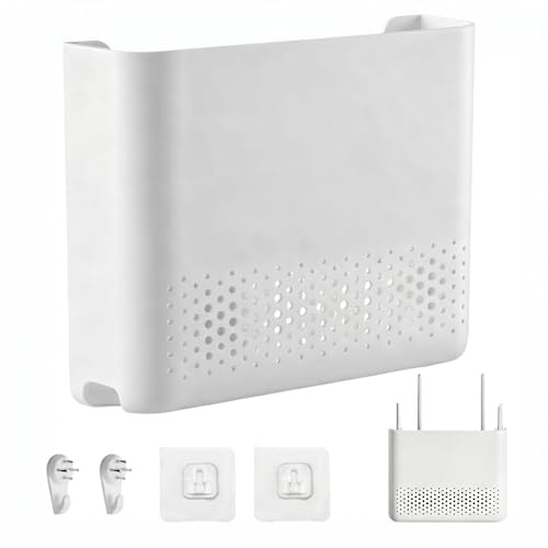 KUIZHEN Router Box, 30 x 22 x 6.5cm Regal Wand WLAN Wandbehänge, WiFi Router Aufbewahrungsbox mit Klebeschnalle und Spurloser Nagel für Aufbewahrung von Routern, Weiß