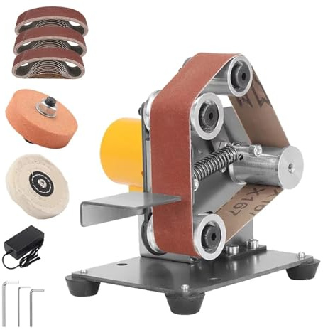 Mini Belt Sander for Knife Making, 3 in 1 Electric Power Bench Belt Sanders, 7 Adjustable Speed Knife Sharpener Knife Polishing Kit for DIY Metal Woodworking Knife Making,Silver