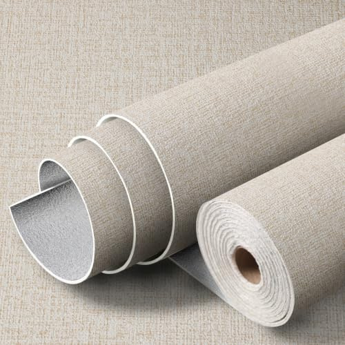Cathpetic Self Adhesive Thermal Wallpaper Beige Wallpaper 50 * 280cm 3mm Thicken Linen Textured Contact Paper Peel and Stick Wall Paper for Living Room Bedroom Cupboard Furniture Stickers
