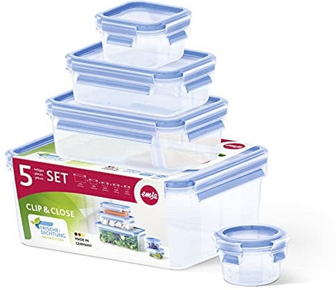 Emsa 512753 Alimentaires Clip & Close, Plastique, Transparent/Bleu, Tailles Variées, Lot de 5 Boîtes