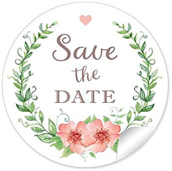 24 STICKER: Save the Date schöne Etiketten im Vintage-Retro-Look mit Kranz, Blüten und Herz in grün/apricot zur Hochzeit • Papieraufkleber: 4 cm, rund, matt