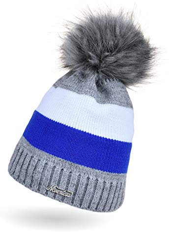 Neverless Dicke, gestreifte Damen Strickmütze gefüttert mit Kunstfell-Bommel, Strick-Beanie, Winter-Mütze, grau-blau-weiß Unisize