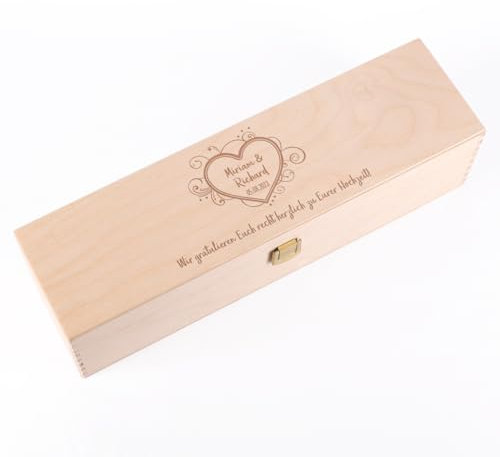 Cera & Toys® Weinbox aus Holz mit gratis Gravur der Namen Datum + Text - Hochzeit graviertes Herz