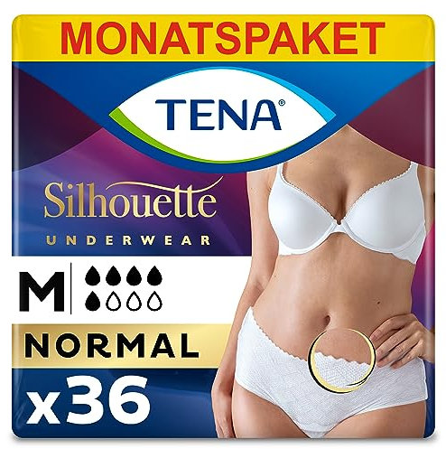 TENA Silhouette Normal Taille Basse - Sous-vêtements Absorbants Jetables Incontinence Femme - Post-accouchement - Pour Fuites Urinaires Modérées - Blanc - Taille M - 36 Culottes (Pack 1 mois)