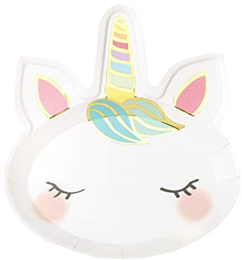 Talking Tables Paquete de 8 Platos de Papel en Forma de Cara de Unicornio con Detalles Dorados - Fiesta Infantil y Decoración Temática Mágica Tamaño: 23cm