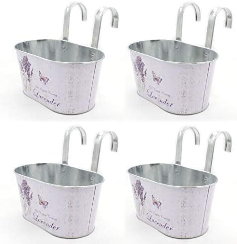 DARO DEKO Metall Hängetopf mit 2 Henkeln - 23cm x 11cm Lavendel und Schmetterling 4 Stück