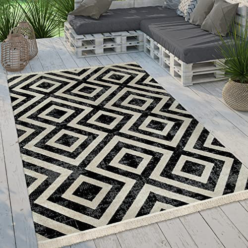 Paco Home Moderner Outdoor Teppich Geometrisches Rauten-Muster im Vintage-Look Flachgewebe Wetterfest & Pflegeleicht für Garten, Terrasse & Balkon, Grösse:240x340 cm, Farbe:Schwarz Weiß