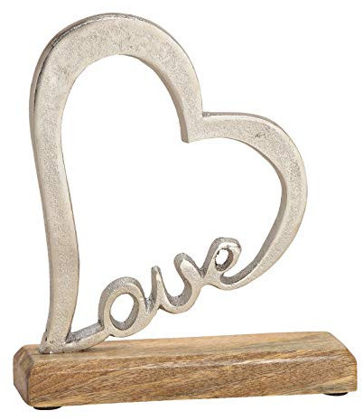 Spetebo Metall Herz in Silber mit Schriftzug Love auf Mango Holzfuß - 20x18x5 cm - Tisch Deko Herz Skulptur