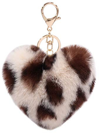 Porte-clés pour femme en fausse fourrure avec pompons en forme de cœur - - Taille S