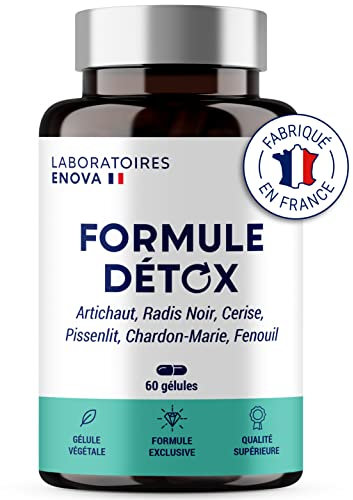 FORMULE DETOX | Complexe de Plantes : Artichaut Radis noir Queue de cerises Pissenlit Chardon marie | Detoxifiant Foie et Intestin | Detox Colon et Draineur Foie | 60 Gélules