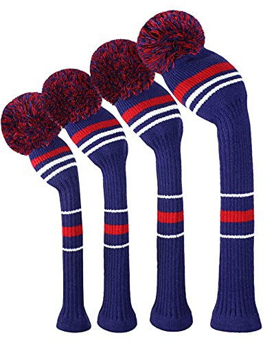 Scott Edward Golfschläger-Hülle, 4 Stück, für Hölzer und Driver Fit Max Driver Fairways Hybrids/Utility Big Pom Pom benutzerdefinierte Muster Dekorieren Golftaschen (Marineblau)