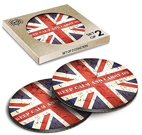 2 x Eco Boxed Cork Coasters - Keep Calm Carry On Britain Drink Cup Mug Glass Table Mat #14515
