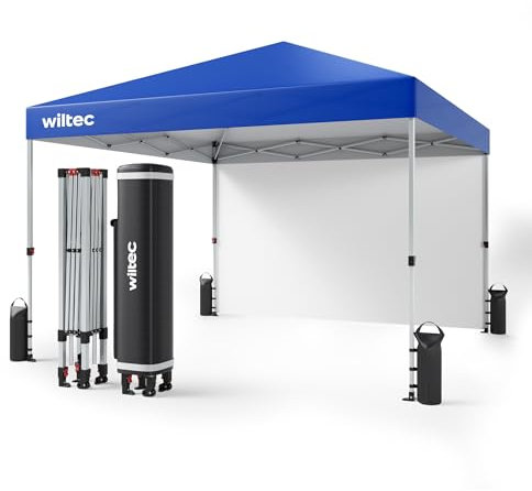 Wiltec Faltpavillon 3 x 3 m blau mit Rädern, Faltpavillon mit „One Push“-Technologie, Gartenpavillon mit UV-Schutz 50+, Pavillon für Camping