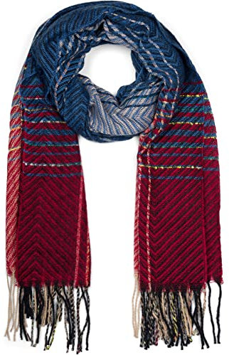 styleBREAKER Damen Feinstrick Schal mit bunt gestreiftem Zick-Zack Muster und Fransen, warme Winter Stola mehrfarbig 01017149, Farbe:Blau-Bordeaux-Rot