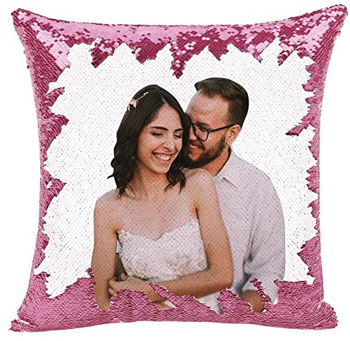Personalisiertes Wurfkissen, personalisierbarer Pailletten-Kissenbezug, Foto-Kissenbezug, magischer Pailletten-Kissenbezug, Hochzeits-Andenken, Überwurfkissen, individuelles Bild (Rosa)
