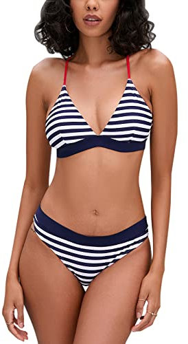 iSLASISIA Damen-Bikini-Badeanzug Criss Cross Back Triangle Bikini Tie Back Bikini Set Zweiteilige Badeanzüge (Streifen,EU42)