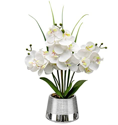 40CM Orchidee künstlich Weiss, Orchidee im Topf Silber, Kunst orchideen, Faux Orchidee Pflanze mit 14 Blüten, künstliche Orchidee Bonsai für Hochzeits deko Wohnzimmer Büro Schlafzimmer zimmerpflanzen