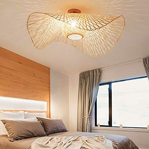 FUMIMID Bambus Deckenleuchte E27 Retro Pendelleuchte Natürlicher Rattan Kronleuchter Handgewebte Deckenlampe Schlafzimmer Restaurant Wohnzimmer Café Dekoration Energiesparlampe,A,100cm