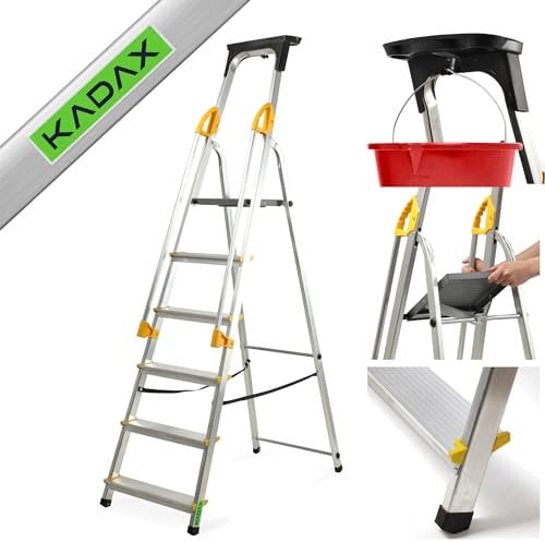KADAX Escalera de Aluminio, Escalera de pie con pasamanos, Escalera soporta hasta 150 kg, Escalera en 3 Versiones, Escalera Plegable para el hogar con Compartimento para Cepillo (6 Niveles)