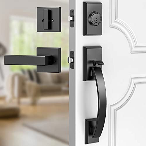 Floresita Front Door Lock Set, Black Front Door Handle and Deadbolt Set Adjustable, 12.7in Heavy Exterior Entry Handle Reversible