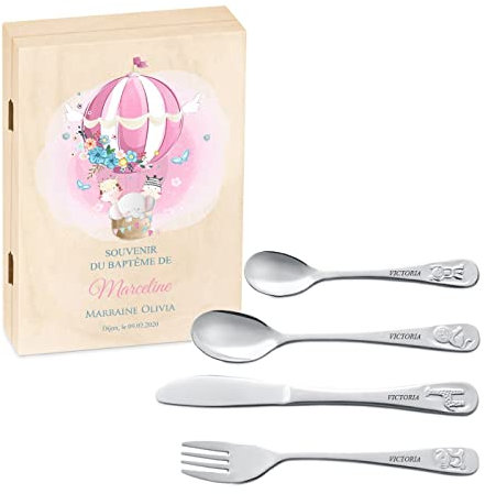 Maverton Set de couverts de table personnalisé dans boîte en bois imprimée - couvert bebe - Thème Animal - Cadeau bapteme fille - Pour filles - Cadeau bébé - Coutellerie gravée - montgolfière