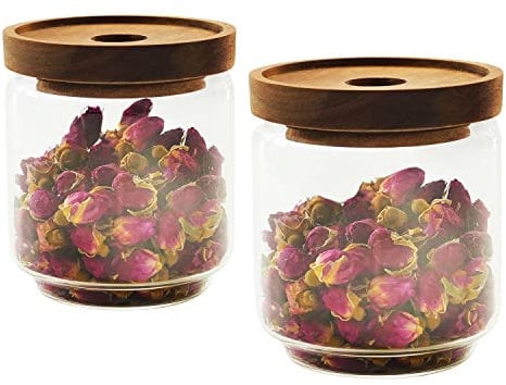 teapro Set of 2 Glass Container Storage Jars with Acacia Wood Lid – Airtight Silicone Seal – Kitchen Glass Containers for Tea, Cookies, Pasta and Coffee – Elegant and Minimalist