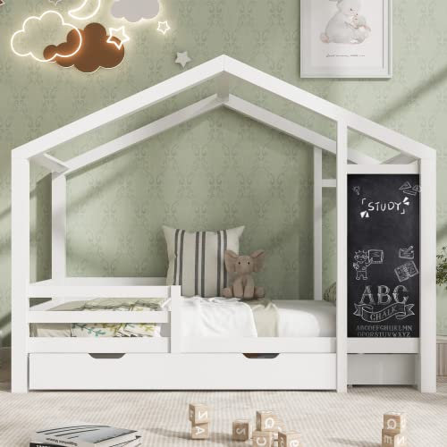 KEEPREAPER Kinderbett 90 x 200 mit Rausfallschutz, Hausbett Holzbett mit Tafel, 2 Schubladen, Zaun und Lattenrost, Weiß (Einzel mit 2 Schubladen)