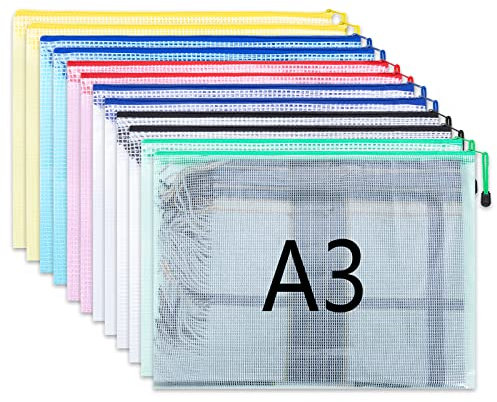 Plastic Wallets 12 Pcs A3 Zip Lock Bags Document Wallet Document Folders Plastic Pockets with Zipper for School Office Homework Travel Storage Bags