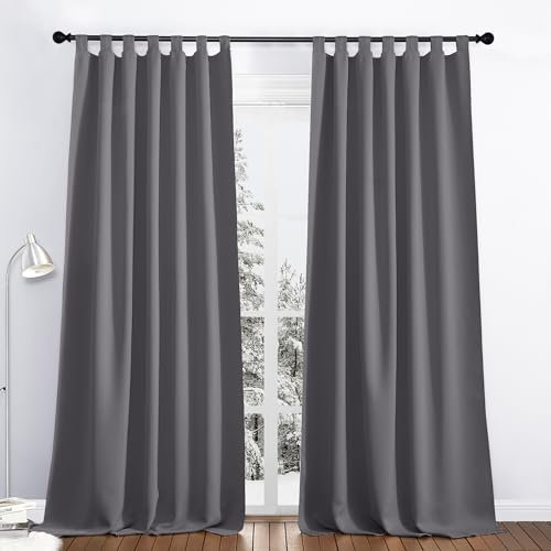 PONY DANCE Verdunklungsvorhänge Wohnzimmer Modern - Thermovorhang gegen Kälte und Hitze Schlaufenschal 2er Set Blickdicht Vorhänge Grau Gardinen Wohnzimmer Modern, H 260 x B 140 cm