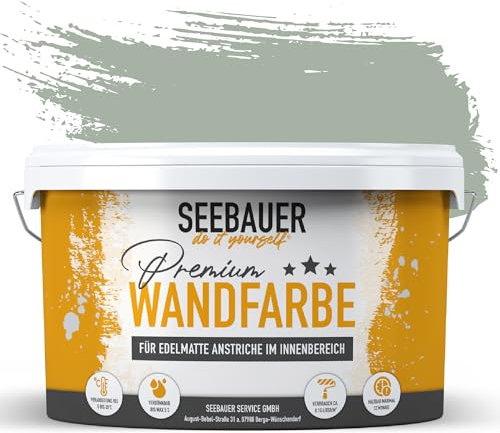 SEEBAUER diy Wandfarbe Grün 2,5L für Innen (No. 764 Nordic Wood) Edelmatte Innenfarbe Grau Grün - Grüntöne sehr hohe Deckkraft - Matt, Abwaschbar und Tropffrei