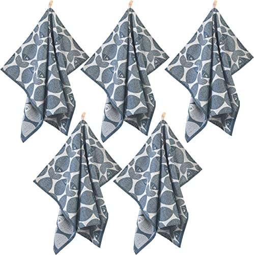 ZWOLTEX 5er Set Jacquard Geschirrtücher/Geschirrtuch | Küchentuch | Abtrockentuch | saugstarke Baumwolle I Sammlung Premium Geschirrtücher - 5x Fish L Navy (50x70)