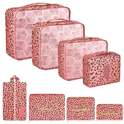 Coolzon Packing Cubes Koffer Organizer, 8 Stück Kofferorganizer Packtaschen Packwürfel mit Schuhbeutel Wäschebeutel Reiseorganizer Kleidertaschen für Rucksack (Pinker Panther)
