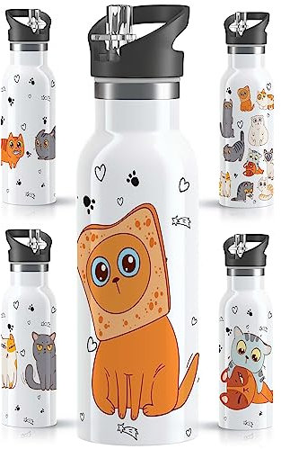 OWLBOOK® Edelstahl Trinkflasche Kinder | Wasserflasche mit Strohhalm | 600 ml | Sportdeckel | Spülmaschinenfest | Schule | Schulanfang Geschenke zur Einschulung Junge Mädchen | Katzen Toast