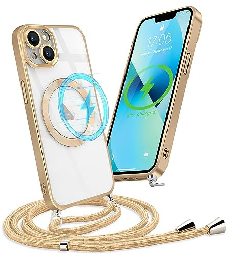 Micoden Handykette Hülle für iPhone 13 mit Band Kompatibel mit MagSafe Kabellosem Laden Kameraschutz Vollständiger Transparent Silikon Case Kordel zum Umhängen Handyhülle Schutzhülle,Gold