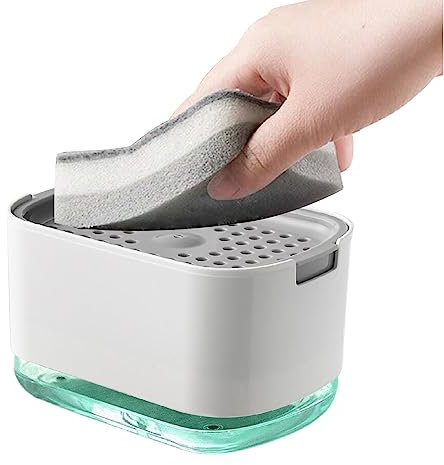 GUSTO Distributeur de savon liquide avec pompe en plastique 310 ml Distributeur de détergent à vaisselle élégant avec support d'éponge pour évier de cuisine éponge incluse (Modern White)