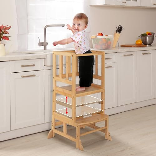 COSYLAND Lernturm ab 1 Jahr, Höhenverstellbar, Stylisch Kippschutz Lernturm ab 2 Jahre, Lernturm Montessori aus Natürlicher Bambus, Little Helper Lernturm (Natural)