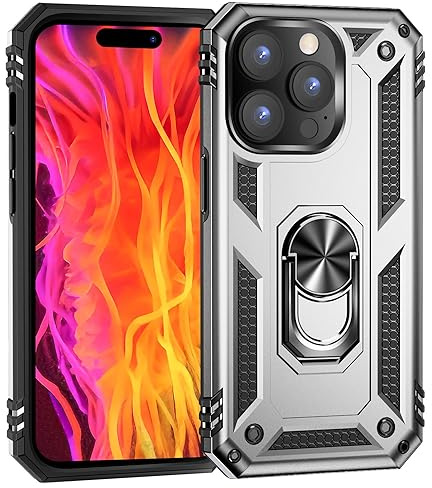 NALIA Panzerhülle für iPhone 15 Pro - Ring-Ständer 360° - Hülle, Silber | 2-lagiger Aufprallschutz, TPU-Kern mit PC-Außenschale, Integrierte Metallplatte, Griffig bei Nässe, RINGDEFEND