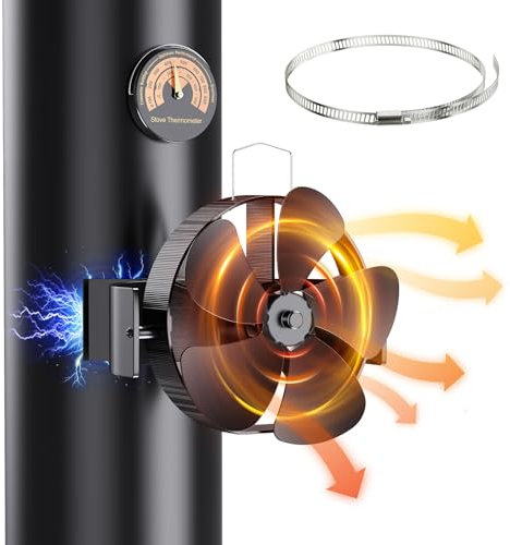 Yontwe Kaminventilator 3 IN 1 Magnetisch 180° Rotation 5 Klingen Leiser Kamin Ventilator Ofenventilator Ohne Strom Kaminlüfter für Holz/Brennholz/Feuerstelle/Ofenrohr Mit einem temperature meter