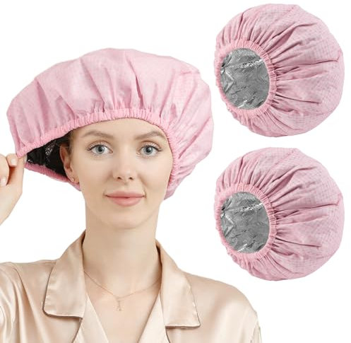 YIZIJIZI 2 Stück Wärmekappe für Tiefenpflege aus Aluminiumfolie für Zuhause und Salon, Haarfärbe- und Heißölbehandlungswerkzeuge (Rosa)