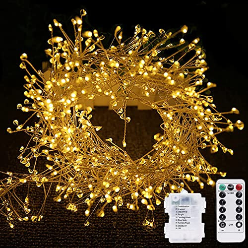 DINOWIN Firecrackers String Lights with Remote 29.5Ft 300 LED Waterproof Cluster Christmas Lights Battery Operated Fire Crackers Garland Fairy Light for Bedroom Garden Party (Warm White)
