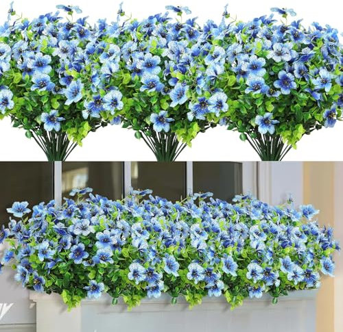 LOMOHOO 8 paquetes de flores artificiales para exteriores, resistentes a los rayos UV, flores falsas que no se decoloran, plantas de imitación, decoración de jardín, porche, ventana, caja (azul)