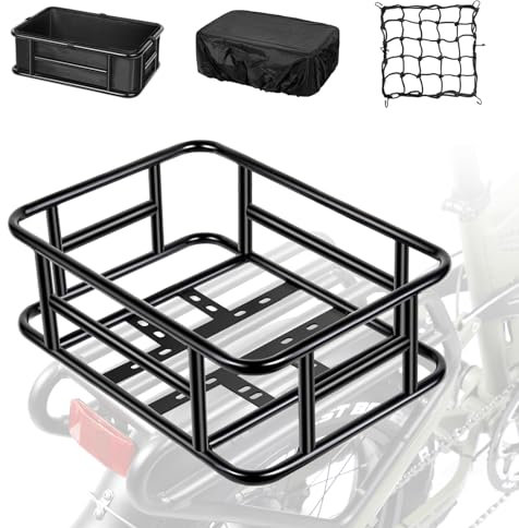 PIREKZUNT Bike Basket, 18X13X6 Ebike Rear Basket with Liner,Waterproof Cover,Cargo Net Large Rear Removable Metal Bike Basket, Heavy Duty E Bike Rear Basket for Most Bikes and E-Bike
