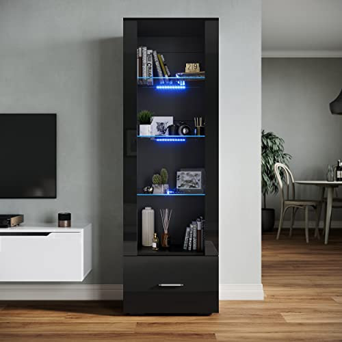 SONNI Glasvitrine mit Led Beleuchtung schwarz/weiß, Hochglanzfront,mit 4 Einlegeböden und 1 Schublade.Standvitrine, Wohnzimmer Vitrine, Vitrinenschrank, W550xD350xH1720mm