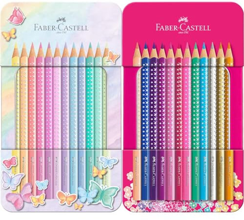 Faber-Castell 201910 - Buntstifte Set Sparkle Pastell 12-teilig, im Metalletui, dreikant, bruchsicher & 201737 - Buntstifte Set Sparkle 12-teilig, im Metalletui, dreikant, bruchsicher