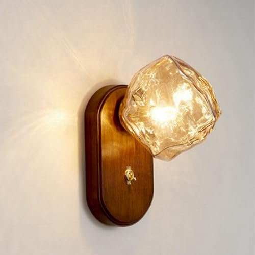 CRFASIBE Vintage Glas Wandleuchte, Holz Wandleuchte Innen, G9 Industriell Wandlampe mit Schalter für Schlafzimmer,Wohnzimmer,Restaurant (Amber)